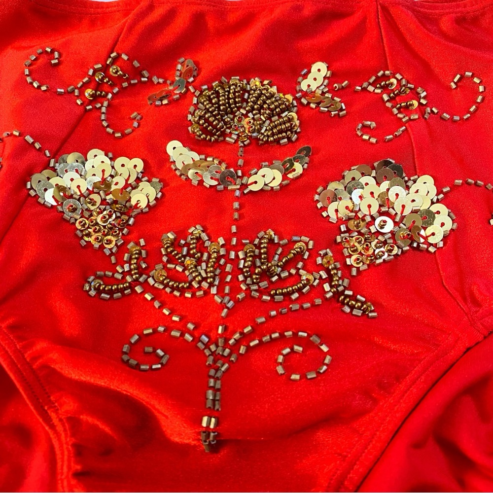HER PONY RED GOLD SEQUIN BEADED FLORAL PRINT HIGH RISE BLOOMERS UNDERWEAR - Picture 4 of 8